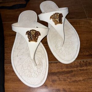 Versace Ivory Sandals with Gold Medusa Emblem
